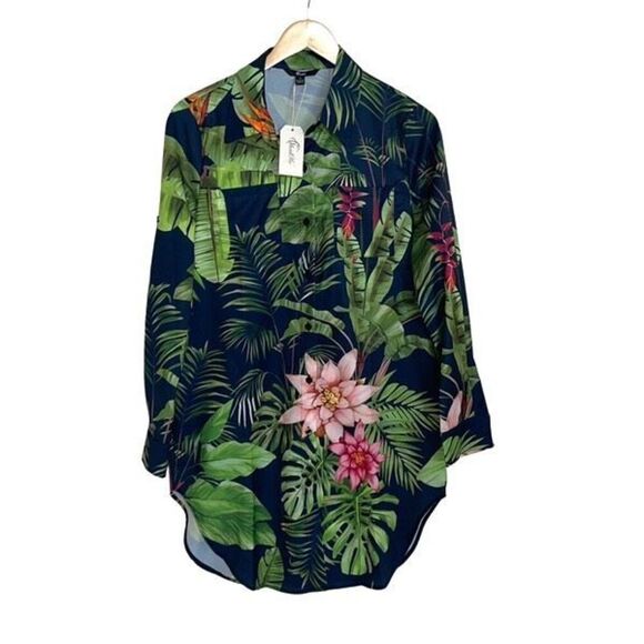 Shall We Women’s Floral Tropical Button Down Long Sleeve Blouse Dress Green Smal - Picture 1 of 9